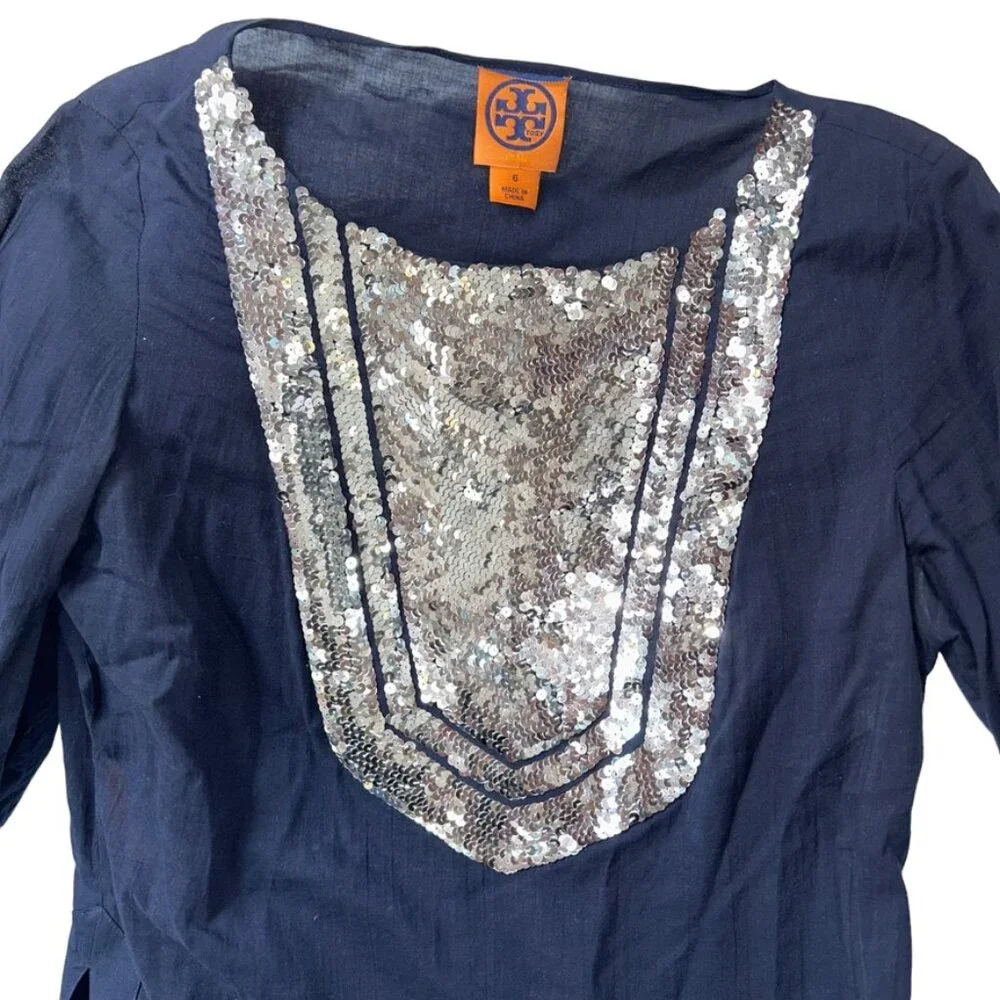 tory burch navy blue silver tightly woven sequins tunic top ORIGINAL 6